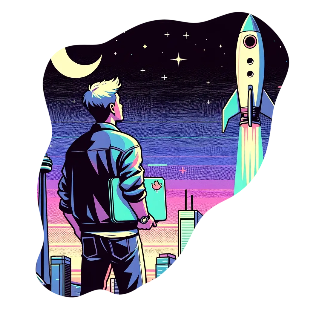 man looking at rocketship